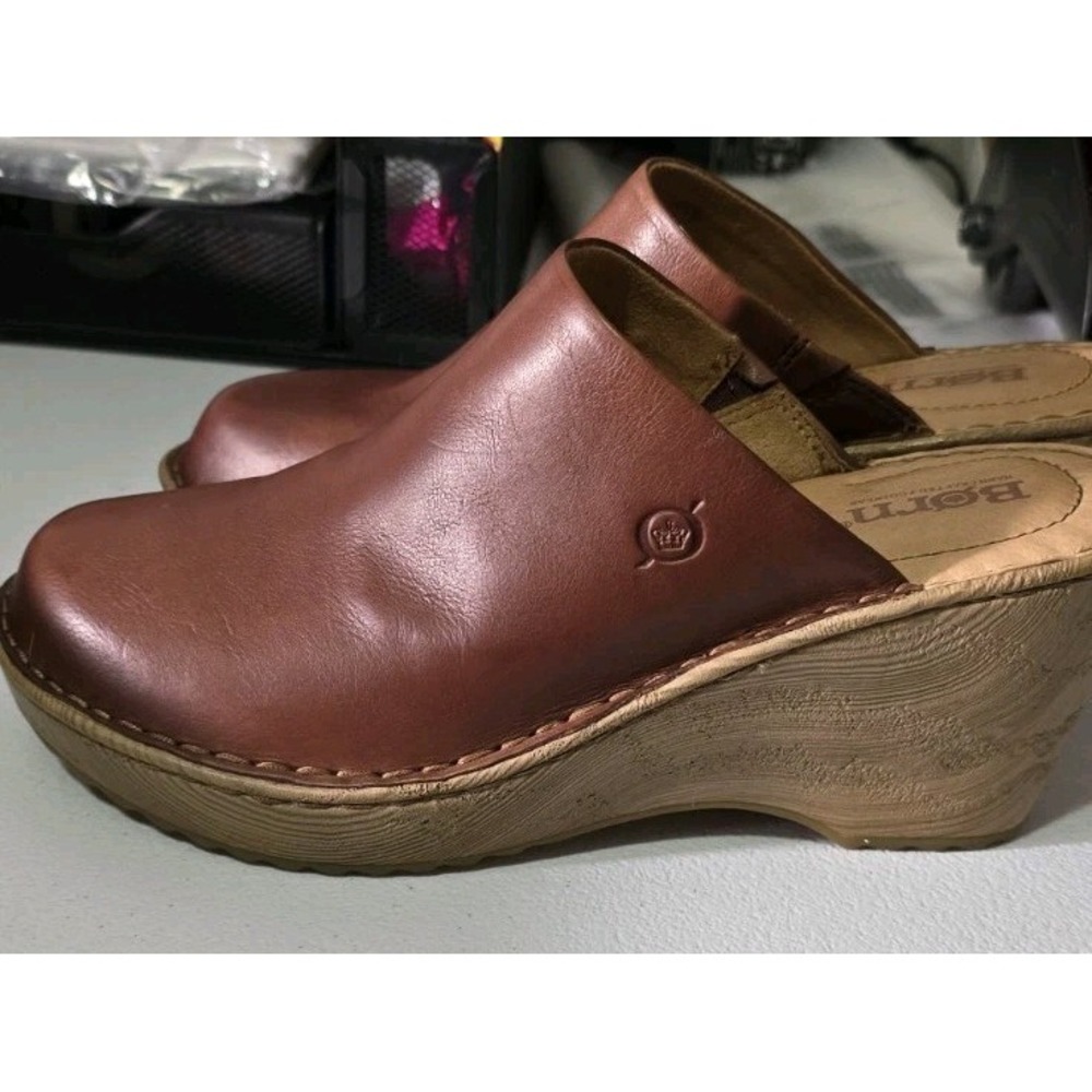 Born Chestnut Leather Wedge Mules